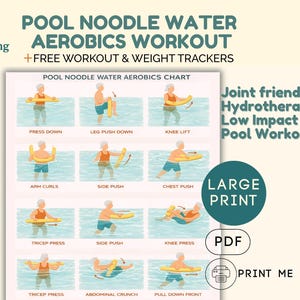 May include: A chart titled "Pool Noodle Water Aerobics Workout" with illustrations of exercises. The chart includes text such as "Joint friendly Hydrotherapy Low Impact Pool Workout" and "Print Me". The chart is designed for water aerobics.