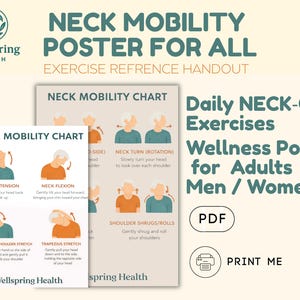 Pode incluir: Um cartaz de bem-estar intitulado "Neck Mobility Poster for All" com instruções de exercícios. O cartaz inclui ilustrações e texto que descrevem exercícios para o pescoço. O cartaz é projetado para adultos e está disponível em PDF.