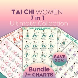Peut inclure: Un ensemble de graphiques d'entraînement de Tai Chi pour femmes, présentant divers exercices. Le lot comprend des graphiques pour la marche, les débutants, la perte de graisse, le soulagement du stress et le Tai Chi assis. Le titre indique "Tai Chi Women 7 in 1 Ultimate Collection". Un autocollant "Save 30%" est visible.