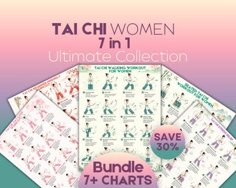Tai Chi Bundle for Women 7 Chart Pack | Mindful Exercise Posters |Tai Chi Collection  Low Impact Home Workout Program Printable PDF
