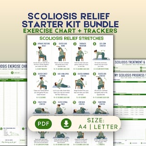 May include: A Scoliosis Relief Starter Kit Bundle featuring an exercise chart with twelve illustrated stretches, a 30-day exercise tracker, and a progress planner. The documents include text, green accents, and a PDF download icon with A4 and Letter size labels.