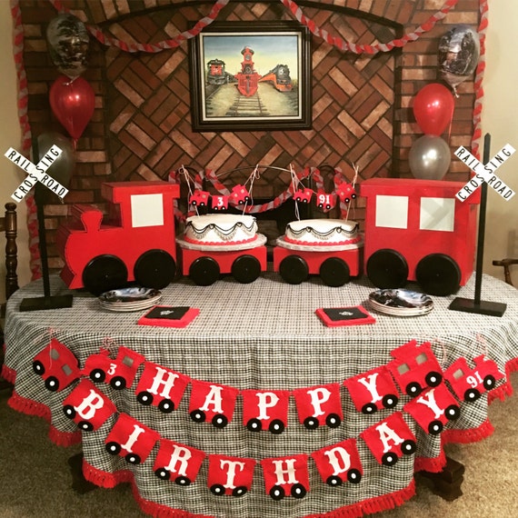 Train Happy Birthday Banner - Railroad Theme Party Decorations Sign