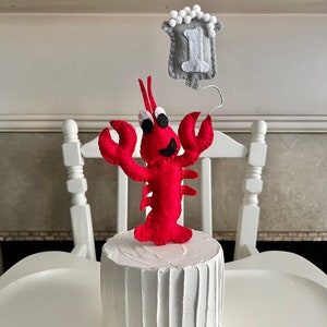 Crawfish cake topper holding boiling pot balloon for first birthday New Orleans birthday custom birthday crayfish lobster beach
