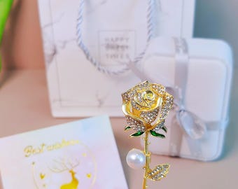 Broche Branche De Fleur En Métal Doré Et Résine Rose - Perle Nacrée - Neuf Sans Emballage
