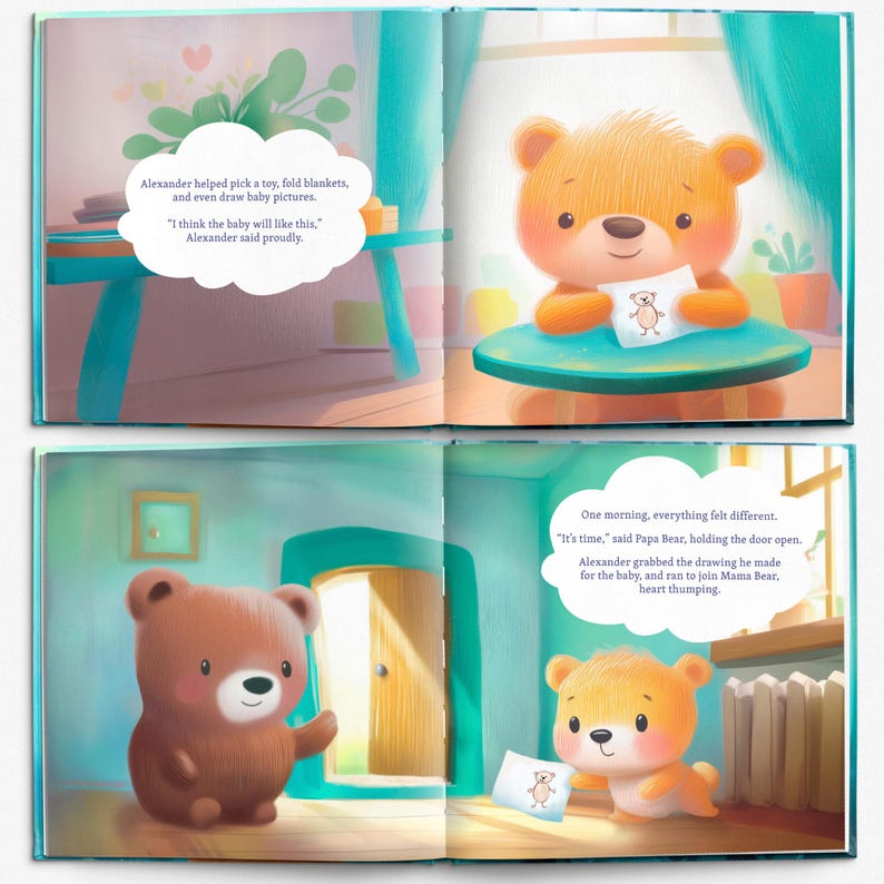 Peut inclure: Illustration de livre pour enfants avec deux ours en peluche. L'un d'eux tient un dessin d'ours en peluche. Le texte sur la page dit : &laquo; Je pense que le b&eacute;b&eacute; aimera &ccedil;a &raquo; et &laquo; Il est temps &raquo;. Le livre a un code couleur bleu sarcelle et marron clair.