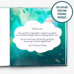 Peut inclure: Un livre ouvert avec un message personnalis&eacute;. La page de gauche est blanche, tandis que la page de droite pr&eacute;sente un motif aquarelle turquoise et vert avec une zone de texte en forme de nuage blanc. Le texte dit, "&Agrave; Alexander...Vous pouvez ajouter votre propre message personnel!"