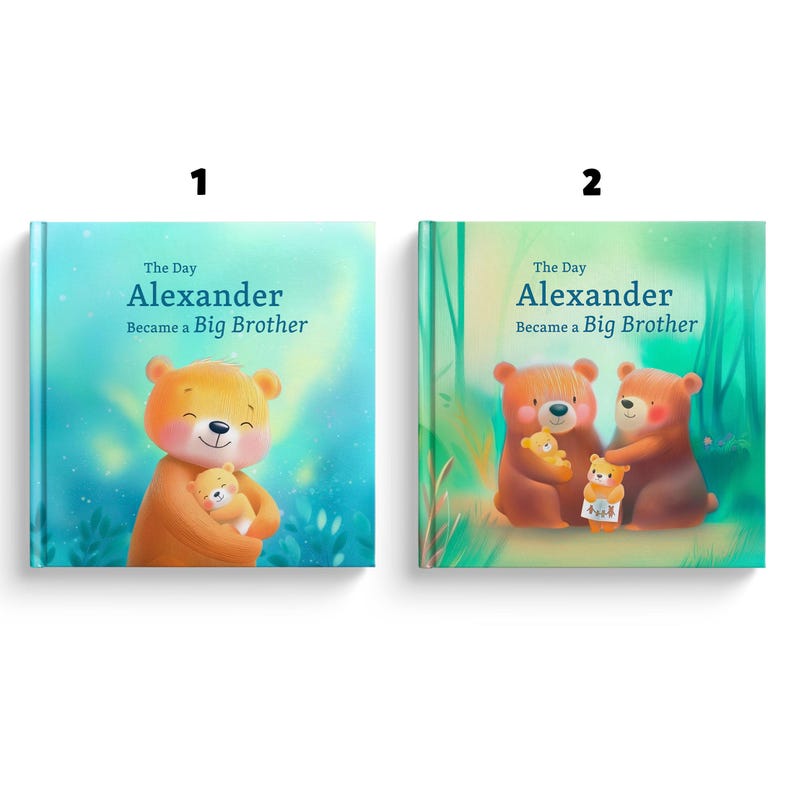 Peut inclure: Deux livres pour enfants intitul&eacute;s "Le jour o&ugrave; Alexander est devenu grand fr&egrave;re". Les couvertures pr&eacute;sentent des illustrations d'ours de dessins anim&eacute;s. Un livre montre un ours tenant un ours plus petit. L'autre montre deux ours avec un ours plus petit.