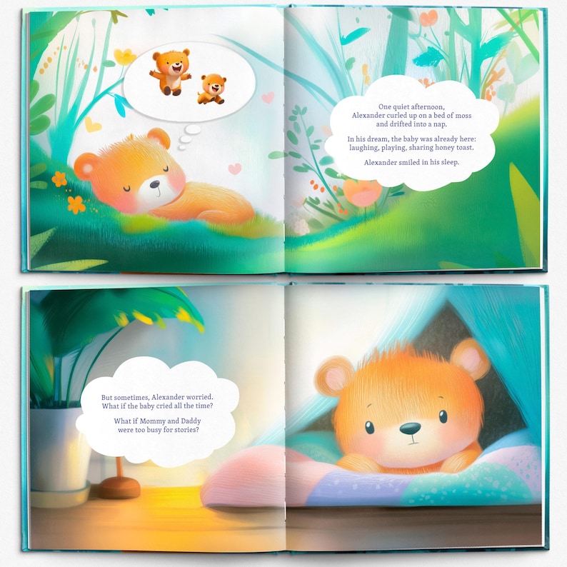 Peut inclure: Illustration de livre pour enfants avec un ours en peluche orange dans diff&eacute;rentes sc&egrave;nes. L'ours r&ecirc;ve et est blotti dans une couverture. Des bulles de texte contiennent des phrases comme "Un apr&egrave;s-midi tranquille" et "Alexander sourit dans son sommeil."