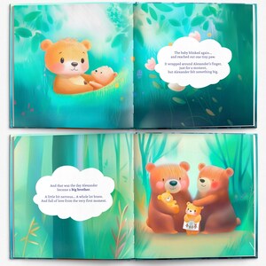 Peut inclure: Illustration de livre pour enfants repr&eacute;sentant une famille d'ours. Les pages montrent un ours avec un b&eacute;b&eacute; ours, et deux ours adultes avec deux b&eacute;b&eacute;s ours. Des bulles de texte contiennent des phrases comme "grand fr&egrave;re" et "ressenti quelque chose de grand."