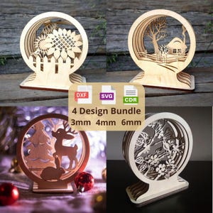 3D Layered Wood Scene Ornament Bundle SVG DXF – Christmas & Seasonal Table Decor | 4 Laser Cut Designs for 3mm 4mm 6mm | Glowforge CNC Files