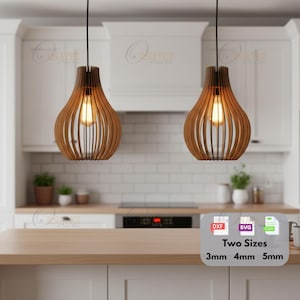 May include: Two wooden pendant lights with a teardrop shape hang from the ceiling. The lights have a warm, brown color and are made of vertical wooden slats. The image also shows the text "Two Sizes" and the measurements 3mm, 4mm, and 5mm.