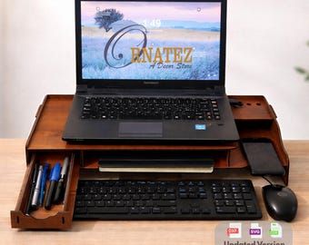 Desktop Organizer SVG DXF | PC Laptop Monitor Stand with Keyboard Mouse and Drawer, Office Desk Storage Design for 3mm 3.1mm 3.2mm 4mm Wood