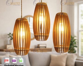 Klosz do lampy wiszącej cięty laserowo SVG DXF | Pionowa lampa wisząca z drewna, dekoracja stołu jadalnego i schodów, wieloelementowy wzór wiszący 2,2 mm do 6 mm