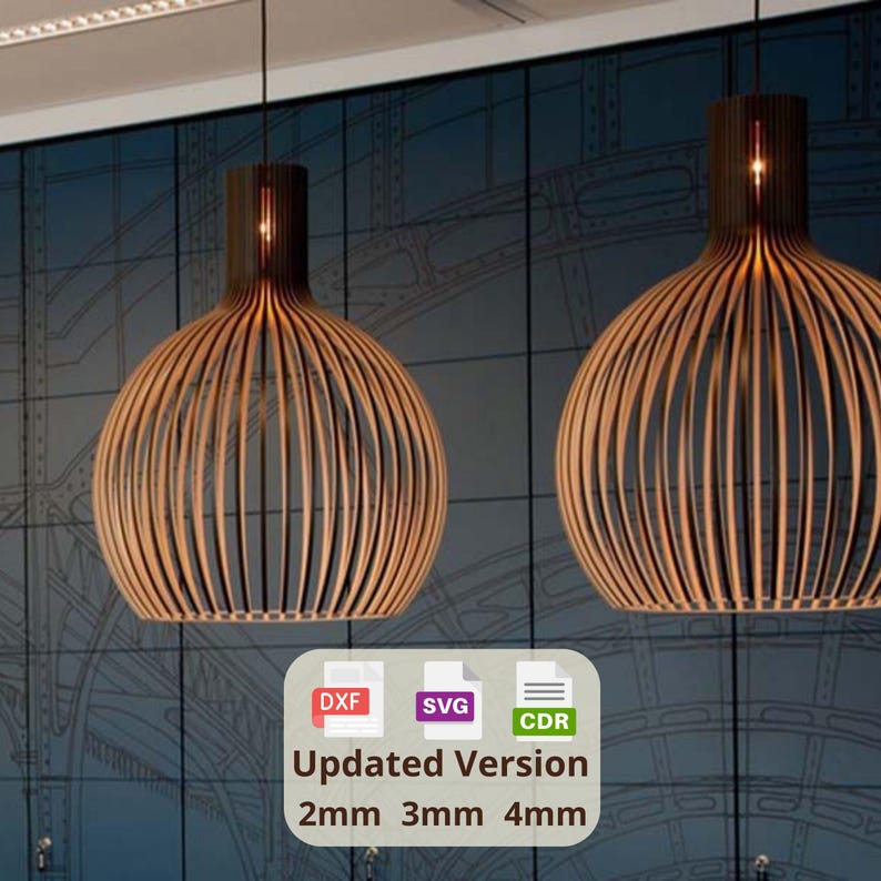 Pantalla de lámpara colgante de madera SVG DXF CDR: diseño moderno de lámpara cortada a láser para madera de 2 mm, 3 mm y 4 mm. Plantilla de lámpara colgante DIY para decoración del hogar.