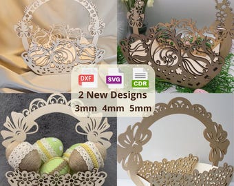 Laser Cut Basket SVG DXF CDR Bundle – 2 Decorative Wooden Basket Templates for Easter, Christmas & Gifts – 3mm 4mm– Cute Laser Cutting Files