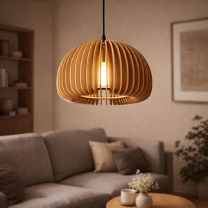 May include: A wooden pendant light fixture with a warm, natural finish. The light has a rounded, layered design, with vertical wooden slats creating a unique, openwork shade. A single light bulb is visible inside, casting a soft glow.