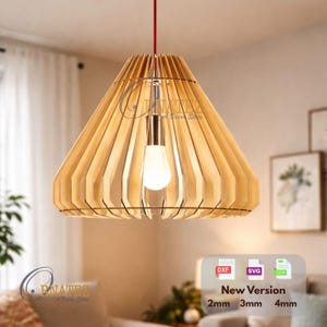 May include: A wooden pendant light fixture with a conical shade, suspended by a red cord. The shade is constructed from vertical wooden slats, surrounding a central light bulb. The fixture is designed for interior home decor.