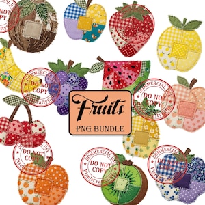 Fruit Applique PNG Bundle, 12 Patchwork Fruit Designs, Watermelon Strawberry Apple Pineapple Digital Download, Fabric Embroidery Clipart