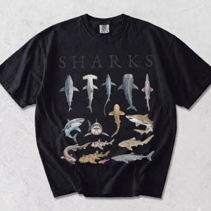 May include: A black crew neck t-shirt featuring the word SHARKS printed in large letters at the top, followed by a detailed graphic illustration of various shark species arranged in rows, including hammerhead, whale, and tiger shark varieties.