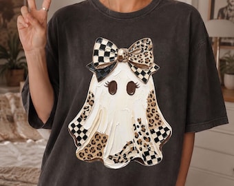 Leopard Ghost PNG, Coquette Halloween Bow Clipart, Checkered Spooky Girl Design, Cute Sublimation Digital Download