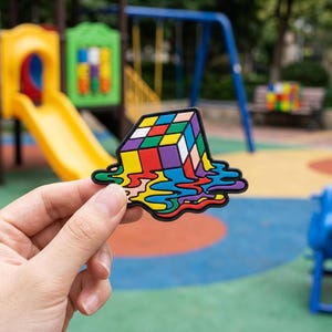 May include: A colorful, melting Rubik's Cube design. The cube features squares of red, yellow, green, blue, orange, and purple. The melting effect creates a unique, eye-catching sticker or patch. The background shows a playground.
