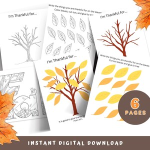Peut inclure: Une activité de Thanksgiving imprimable pour les enfants. Six pages sur le thème de l'automne. Chaque page présente un arbre avec des feuilles à colorier, découper et coller. Les pages incluent la phrase "Je suis reconnaissant pour..." et un verset biblique.