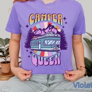 Comfort Colors Colorful Retro Camper Queen T-shirt, Vintage Camping Tee, Rv Life Shirt, Camping Trip Tee, Camping Apparel, gift for her