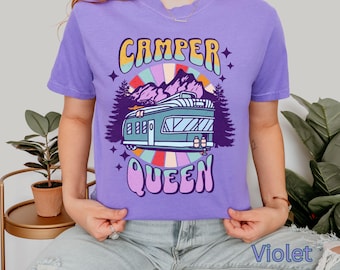 Comfort Colors Colorful Retro Camper Queen T-shirt, Vintage Camping Tee, Rv Life Shirt, Camping Trip Tee, Camping Apparel, gift for her