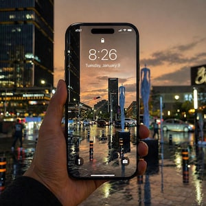 May include: A smartphone displays a cityscape at dusk, with a time of 8:26 AM on Tuesday, January 9. The phone is held in a hand, with the AT&T logo visible. The background shows buildings and street lights.