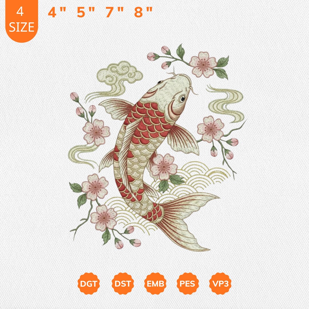 Japanese Koi Fish Embroidery File Sakura Floral Machine Embroidery ...