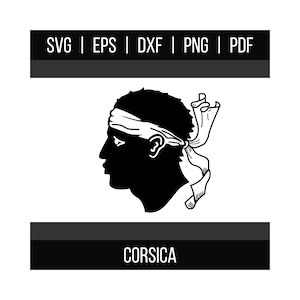 Pode incluir: Gráfico a preto e branco de uma cabeça em perfil, com uma faixa branca e uma fita. A palavra "CORSICA" é exibida abaixo. Acima, as palavras "SVG | EPS | DXF | PNG | PDF" são exibidas.