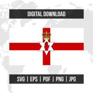 Puede incluir: Gráfico de descarga digital con la bandera de Irlanda del Norte. La bandera tiene un fondo blanco con una cruz roja y una mano roja dentro de una estrella blanca. Una corona está encima de la estrella. Se incluye el texto "DESCARGA DIGITAL" y las opciones de tipo de archivo.