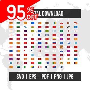 Puede incluir: Gráfico con un fondo de mapa del mundo y numerosas banderas. El texto "95% OFF TOTAL DOWNLOAD" se muestra en blanco sobre una pancarta negra. También incluye el texto "SVG | EPS | PDF | PNG | JPG".