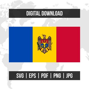 Könnte beinhalten: Digitaler Download der Flagge Moldawiens. Die Flagge zeigt vertikale Streifen in Blau, Gelb und Rot, mit dem moldauischen Wappen in der Mitte. Das Bild enthält den Text "DIGITALER DOWNLOAD" und Dateitypoptionen.