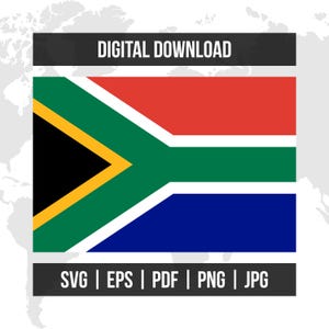 Puede incluir: Gráfico de descarga digital de la bandera de Sudáfrica. La bandera presenta un diseño en forma de Y en verde, con negro, amarillo y blanco en el lado izquierdo, y rayas rojas y azules en la parte superior e inferior. La imagen incluye opciones de formato de archivo: SVG, EPS, PDF, PNG y JPG.