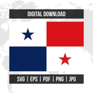 Op de afbeelding: Digitale downloadafbeelding met de vlag van Panama. De vlag is verdeeld in vier kwadranten: wit met een blauwe ster, rood, wit met een rode ster en blauw. De tekst "DIGITALE DOWNLOAD" staat bovenaan en "SVG | EPS | PDF | PNG | JPG" onderaan.