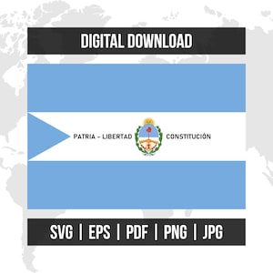 May include: Digital download graphic featuring the flag of Argentina. The flag has light blue and white horizontal stripes, with a sun emblem in the center. The text "PATRIA - LIBERTAD CONSTITUCIÓN" is also present. The graphic is available in SVG, EPS, PDF, PNG, and JPG formats.