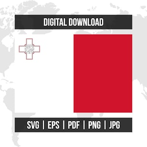 Könnte beinhalten: Digitaler Download-Grafik mit der Flagge von Malta. Die Flagge ist in weiße und rote vertikale Abschnitte unterteilt. In der oberen linken Ecke befindet sich das George Cross. Der Text "DIGITAL DOWNLOAD" steht oben und "SVG | EPS | PDF | PNG | JPG" unten.