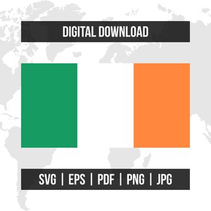 Puede incluir: Gráfico de descarga digital con la bandera irlandesa, con franjas verticales verdes, blancas y naranjas. El texto "DIGITAL DOWNLOAD" está en la parte superior y "SVG | EPS | PDF | PNG | JPG" en la parte inferior.
