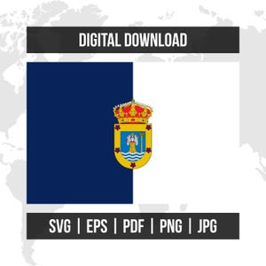 May include: Digital download graphic featuring the flag of the Canary Islands. The flag has a white and dark blue design with the Canary Islands coat of arms. The image also includes the text "DIGITAL DOWNLOAD" and file type options: SVG | EPS | PDF | PNG | JPG.
