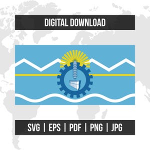 May include: Digital download graphic featuring a light blue flag design with a yellow horizontal stripe and white mountain-like shapes. The flag includes a gear with a wheat stalk and sunburst. Text at the top reads "DIGITAL DOWNLOAD" and at the bottom "SVG | EPS | PDF | PNG | JPG".