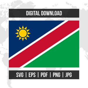 May include: Digital download graphic featuring the flag of Namibia. The flag has a blue upper left corner with a yellow sun, a red diagonal stripe, and a green lower right corner. Text at the top reads "DIGITAL DOWNLOAD" and at the bottom "SVG | EPS | PDF | PNG | JPG".