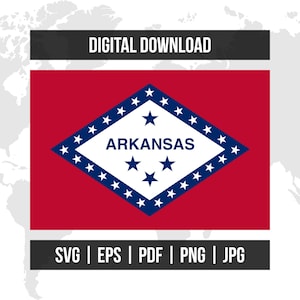 May include: Digital download graphic featuring the Arkansas state flag. The flag has a red background with a white diamond in the center, containing the word "ARKANSAS" and five blue stars. The diamond is surrounded by a border of white stars. The top banner reads "DIGITAL DOWNLOAD".