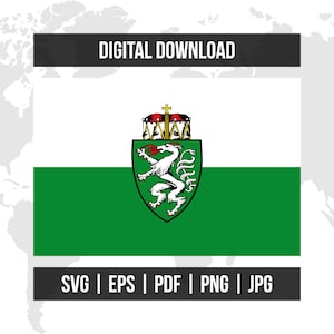 May include: Digital download graphic featuring a white and green flag design with a coat of arms. The coat of arms includes a white lion with a crown on a green shield. The image also includes the text "DIGITAL DOWNLOAD" and file type options.