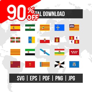 Paquete básico de banderas de España / Banderas nacionales y regionales / SVG, EPS, PDF, PNG y JPG / Descarga digital vectorial de alta calidad