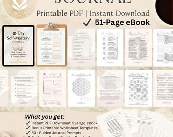 Op de afbeelding: Een digitale productmockup met een 51 pagina's tellend zelfbeheersingsjournaal eBook in een roze en witte kleurstelling. Het journaal bevat dagelijkse prompts voor emotionele intelligentie en persoonlijke groei, werkbladen en begeleide journaalprompts. De tekst "30-Day Self-Mastery Journal" is zichtbaar op de omslag.