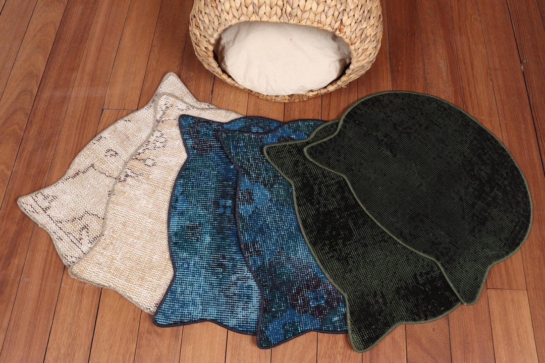 Navy Blue and Green Cat Shape Rug Set 40x50 Cm, Handmade Turkish Kilim ...