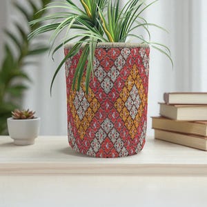 May include: A cylindrical plant pot with a colorful geometric pattern in red, yellow, and gray. The pot holds a green plant with long, slender leaves. The pot sits on a light-colored wooden surface.