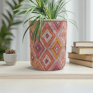 May include: A patterned woven plant pot in shades of orange, pink, and yellow, holding a green plant with long leaves. The pot has a diamond design. A small succulent in a white pot is visible in the background. The pot is approximately 20 cm in height.