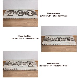 May include: Off-white floor cushions with a geometric pattern in brown. The cushions are rectangular, with dimensions of 28"x75" and varying heights of 4", 8", and 16". The text "Floor Cushion" is displayed.